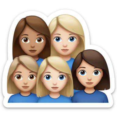 a trio of people where one girl in the back has white skin, brown hair, and brown eyes; another girl in the back has white skin, dirty blonde hair, and blue eyes; and the girl in the front has tan skin, dark brown hair and dark brown eyes. sticker