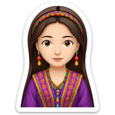 girl with dark brown hair in a traditional Afghan dress, cheerful expression emoji sticker