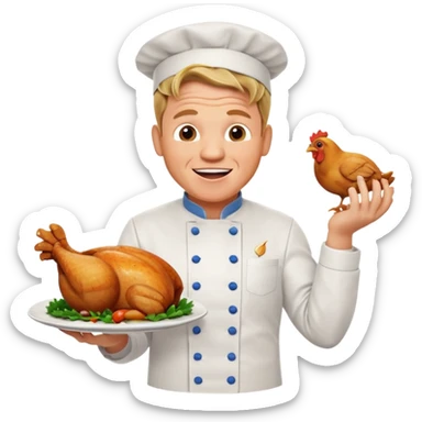 Gordon Ramsay excited, showing off a perfectly cooked chicken on a plate, chef uniform sticker