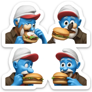 Papa smurf eating a burger happly sticker
