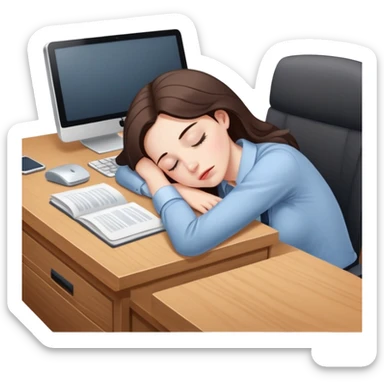 Exhausted office worker woman napping at plain desk, no computer sticker