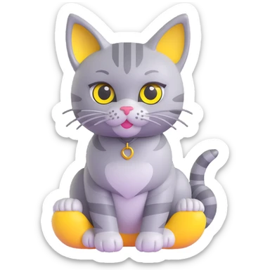 Cute gray tabby cat with big yellow eyes, sitting, shiny and glossy, in 3D iOS emoji style on a transparent background. sticker
