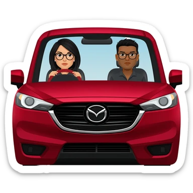 Camioneta roja mazda, con una mujer en el volante de pelo negro y lentes, y un copiloto hombre de pelo negro y lentes sticker