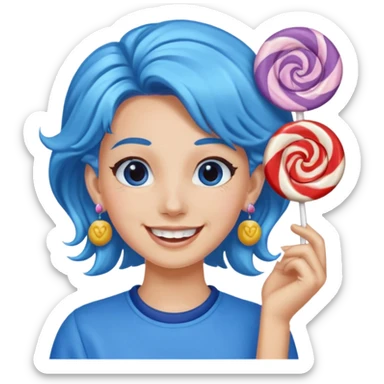 candy shop vendor, looking like candy with candy earrings and candy hair with big smile and blue sticker
