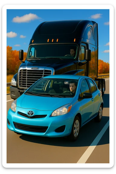 Make the entire scene brighter and more vibrant, keep the black semi truck without a trailer and a person in the car in front. sticker