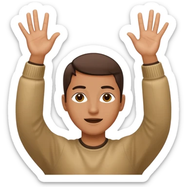 A person with their hands up and 6-7 above their head sticker