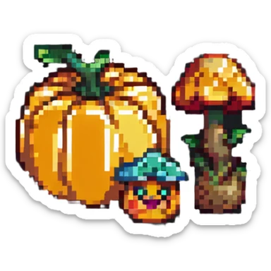 heart with a mushroom on one side and a pumpkin on the other sticker