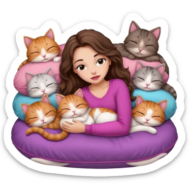 girl with long wavy brown hair, brown eyes, long lashes makeup, sexy pink lips, sleeping on a cozy pillow with 6 cats sticker
