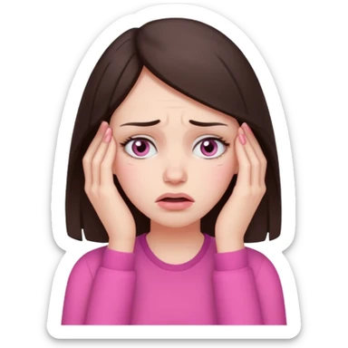 a female brunette with stress and headache wearing pink sticker