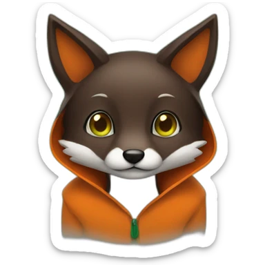 a small dark brown fox with orange eyes with a dark green hood that smile sticker