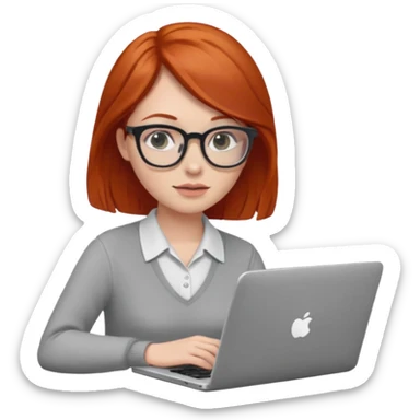 redhead female with glasses focused on a laptop sticker