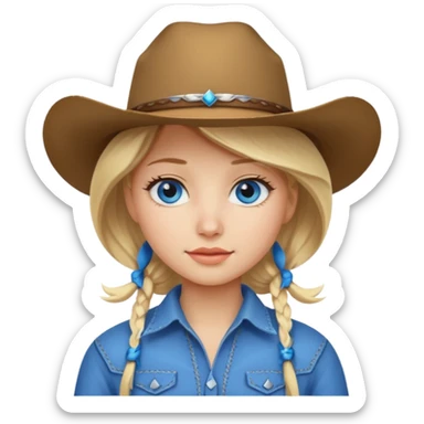 Create a girl emoji that has blonde hair, is white, has a cowboy hat on and blue eyee sticker