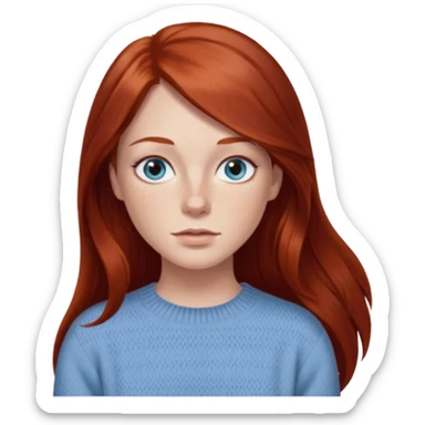 woman with long dark auburn red hair that is mostly straight but has slight waves to it. grey blue eyes. some freckles. wearing a Swedish style sweater that is neutral. the image on the right is closer sticker