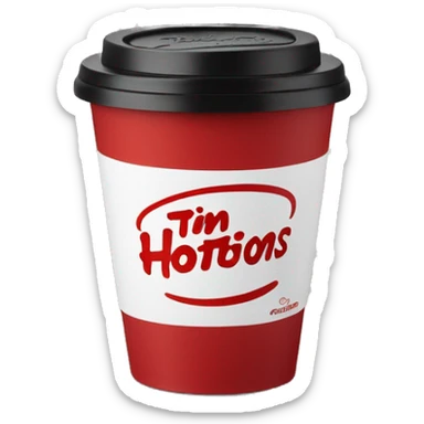 “Red Tim Hortons coffee cup with large white ‘Tim Hortons’ logo in script, black plastic lid, and a simple, clean design.” sticker