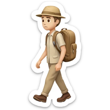 sad traveler man with beige skin tone wearing backpack and hat walking to the right, iOS style sticker