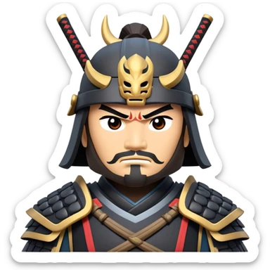 clash-of-clans-aesthetic_-cinematic-fearsome-and-majestic-samurai-bust-portrait-emoji, rendered in a flat, vector-style with minimal shading and bold, simplified shapes typical of emoji art, depicting a battle-hardened samurai with steely eyes and traditional black Japanese armor, riding a noble grey warhorse adorned with an intricately designed saddle and fluttering banners, against a backdrop of cherry blossoms and a rising sun. sticker