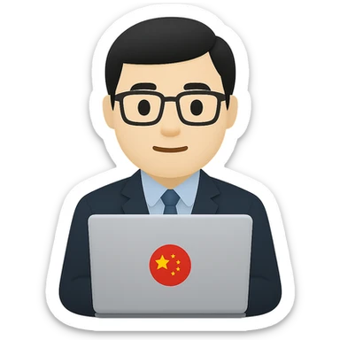 Chinese professional agent, at work, using a laptop, clean background, vector art sticker
