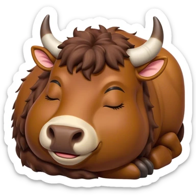 Meme-Worthy Cute Sleeping Domestic Ox Portrait Emoji, Head resting peacefully with a contented smile, showcasing a massive, sturdy build and a luxuriously soft hide, eyes gently closed in serene, restful slumber, Simplified yet hilariously adorable features, highly detailed, glowing with a soft, drowsy natural light, high shine, relaxed and utterly lovable, stylized with an air of playful laziness, soft glowing outline, capturing the essence of a sleeping ox that feels destined to become the next viral sensation of adorable rest! sticker