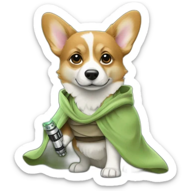 Corgi dress as yoda with one light saber green sticker