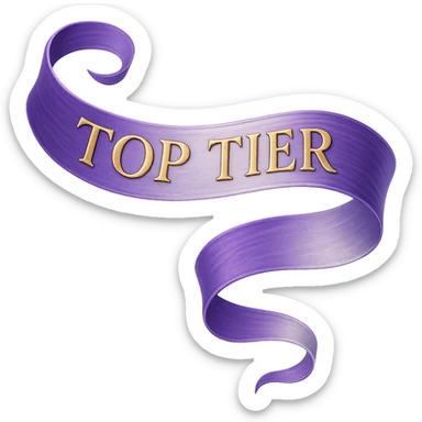 An elegant, flowing ribbon in a vibrant gradient of purple and silver, with the words 'TOP TIER' embossed in a sophisticated, slightly raised gold lettering, no background sticker
