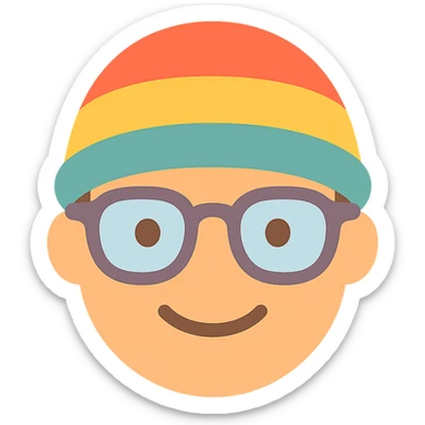 a face wearing a colorful hat and retro glasses, minimal and flat colors, icon style sticker