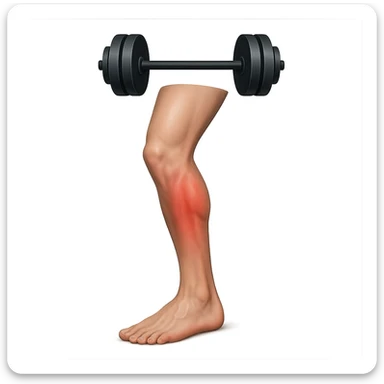 realistic human leg with overload represented by stylized weights above the leg, red area, 3D effect, isolated on white background sticker