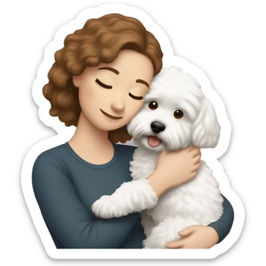 Long brown-haired white woman hugging her white maltipoo sticker