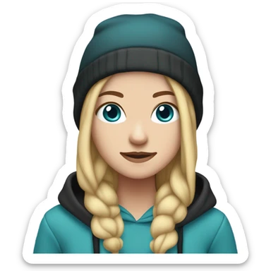 White girl, blue eyes, long teal hair, purple beanie hat, black hoodie, blue jeans, black shoes sticker