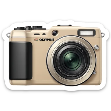 Extremely minimal Olympus Superzoom 70G camera, grayish-beige color, very simplified design with only essential elements, basic rectangular shape, minimal indication of lens, clean flat style with almost no details sticker