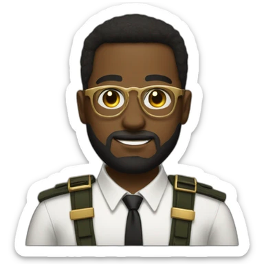 black soldier with beard, part in hair, white collared shirt, bow tie, gold glasses, bulletproof vest  sticker
