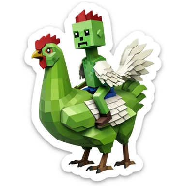 small square-shaped Minecraft zombie riding a small white chicken sticker