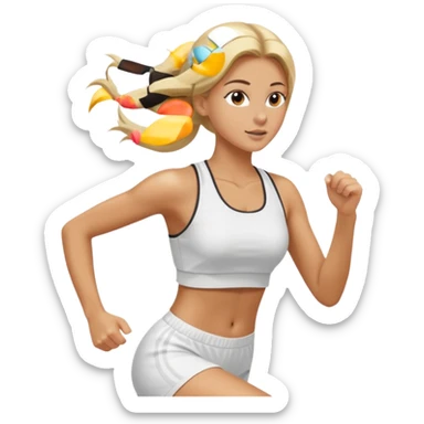 Mujer color de piel moreno, con cabello rubio largo, lacio y suelto, bonita, nariz respingada, corriendo con ropa deportiva color blanco  sticker