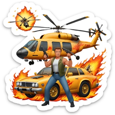 Icon for Action Movies: Arnold Schwarzenegger in the lead role, in an intense action pose with weapons, explosions, a car and helicopter flying out of flames in the background. The design should capture the explosive energy and heroism of classic action films. Transparent background. sticker