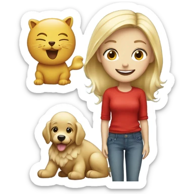 blonde girl smiling in red with a cute animal sticker