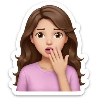 girl with wavy long brown hair, brown eyes, light to medium complexion, long lashes, light pink lipstick, wearing light pink shirt, shocked, hand covering mouth sticker