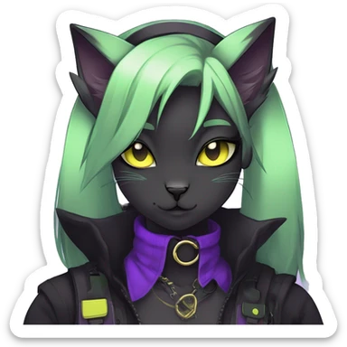 Gorgeous furry gothic dark techwear anime style anthro black cat furry sona Fakemon with blushing face yellow-green eyes with ponytail, aesthetic and pretty edgy black with violet collar and harness trending style sticker