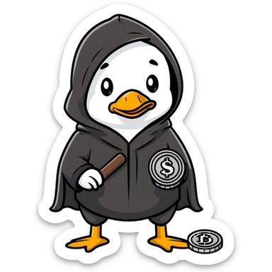 A cool duck wearing a black hooded cloak holding a silver coin sticker