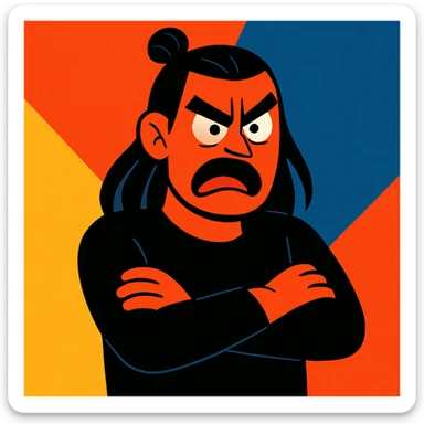 expressive style angry man with long black hair in a bun, arms crossed, dressed in black sticker