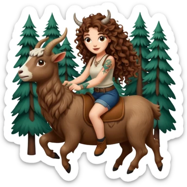 cute woman long curly brown hair tattoos riding forest goat sticker