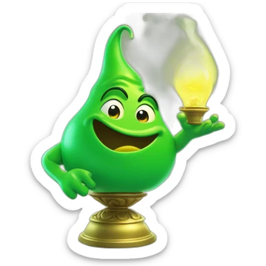 green genie coming out of a genie wonder lamp, environmentally friendly, represensting unrealistic hopes sticker