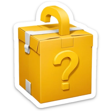 White bag with yellow questions mark cube boxes stuffed in it sticker