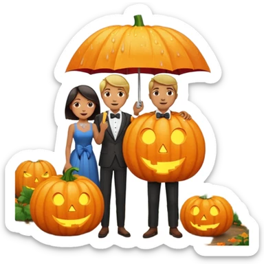 Make a guy hugging a giant pumpkin with a fork in his right hand while there's fire while there's a lady watching while it's raining while there's an umbrella on the ground that's alive and the sun has a bow tie on his neck sticker