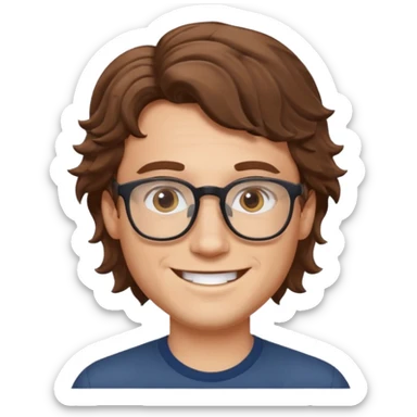 white male with glasses and brown wavy hair, smiling emoji sticker