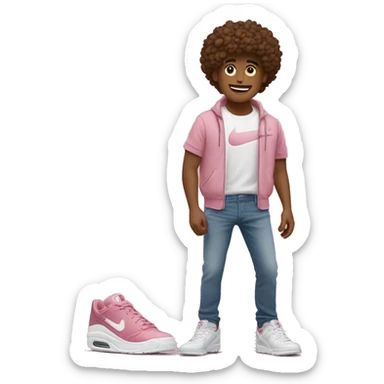 garçon avec cheveux bruns bouclés des  chaussures nike un t-shirt rose et un jeans large sticker