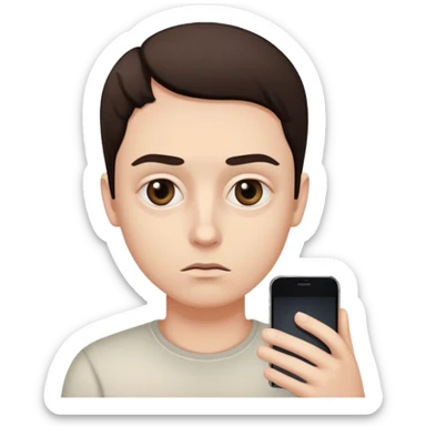 exhausted person with extremely dark circles under eyes, staring intently at smartphone sticker
