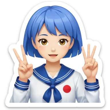 Energetic anime girl with short blue hair wearing Japanese sailor style school uniform, winking and making peace sign, kawaii style sticker