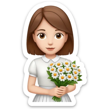 girl with brown hair wearing a white skirt holding a bouquet of flowers sticker