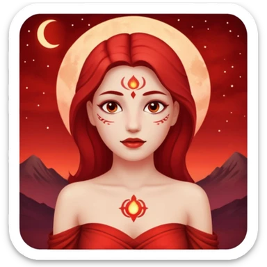 Woman standing under red moonlight, bare shoulders, ritual markings faintly glowingWoman standing under red moonlight, bare shoulders, ritual markings faintly glowing sticker