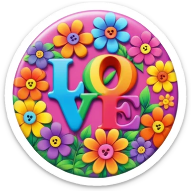 A round psychedelic colored button that says love with rainbow colored hippie style flowers sticker