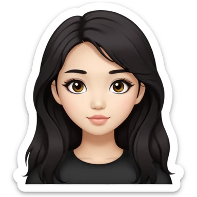Asian girl with very long shaggy deep dark brown hair, big dark eyes. long lower lashes, cheekbones with blush. big dimples. simply black makeup sticker